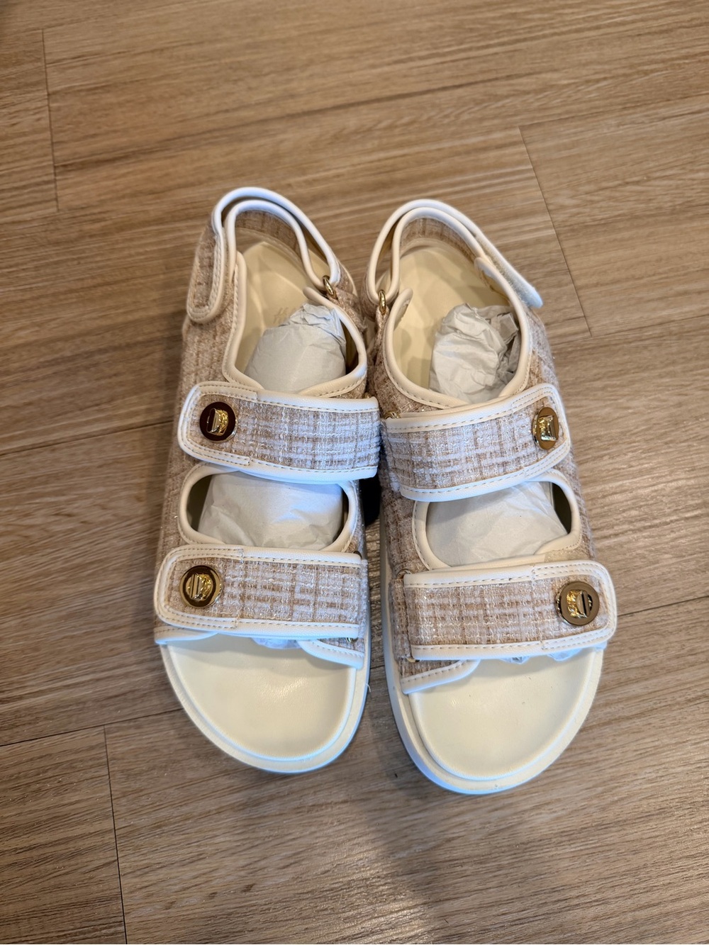 H&M Beige Tweed Strap Sandals with Gold Buttons